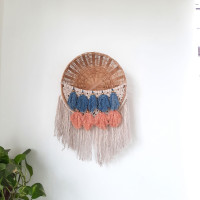 Peach and Blue tassle macrame basket wall decor By Indigi Crafts